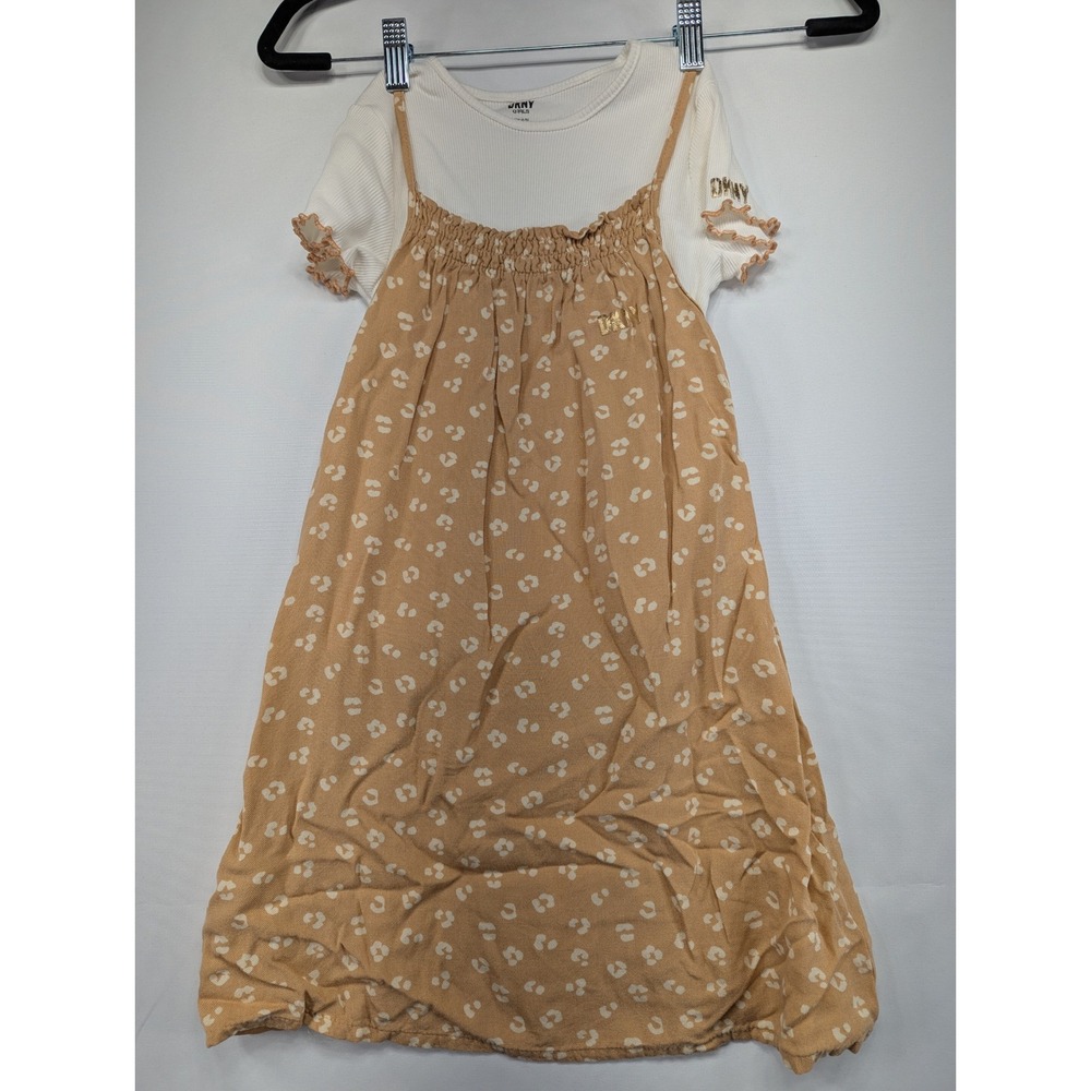 DKNY Girls 2 Piece Outfit Set White Ribbed Tee Tan Floral Print Dress Set M 8 10